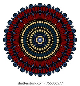 Sacred geometry oriental mandala. Blue, red, gold color floral ornament. Abstract shapes in Asian style. Vector Illustration.