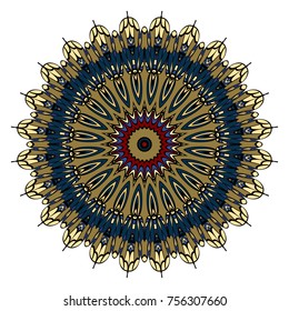 Sacred geometry oriental mandala. Blue, red, gold color floral ornament. Abstract shapes in Asian style. Vector Illustration.