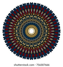 Sacred geometry oriental mandala. Blue, red, gold color floral ornament. Abstract shapes in Asian style. Vector Illustration.
