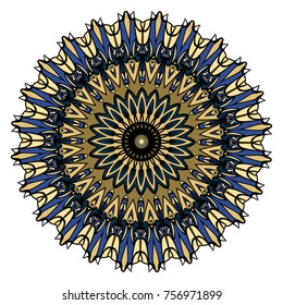 Sacred geometry oriental mandala. Blue, red, gold color floral ornament. Abstract shapes in Asian style. Vector Illustration.