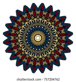 Sacred geometry oriental mandala. Blue, red, gold color floral ornament. Abstract shapes in Asian style. Vector Illustration.