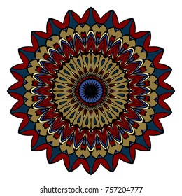 Sacred geometry oriental mandala. Blue, red, gold color floral ornament. Abstract shapes in Asian style. Vector Illustration.