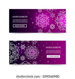 Sacred geometry ornament luminous shiny galaxy star modern futuristic banner set. Cosmic design purple luminescent glow ornamental background template. EPS 10 vector backdrop. Clipping masks