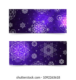 Sacred geometry ornament luminous shiny galaxy star modern futuristic banner set. Cosmic design violet neon luminescent glow ornamental background template. EPS 10 vector backdrop. Clipping masks