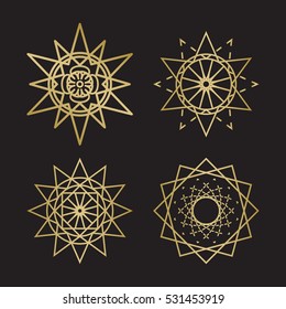 Sacred geometry ornament symbols in gold color on black background
