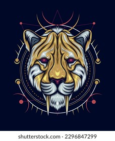 Sacred geometry pattern and Smilodon head vector design template
