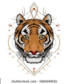 Sacred geometry pattern with tiger head, ethnic ornament vector illustration for design template.