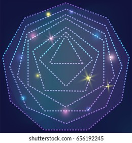 Sacred geometry polygon abstract vector on shiny mystic galaxy background with glowing stars from the deep cosmic night space, new age theme background for t shirt, textile, cards or posters print.