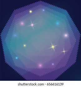 Sacred geometry polygon abstract vector, shiny mystic galaxy background with glowing stars in deep cosmic night space, new age background for t shirt, textile, card or poster print with space for text