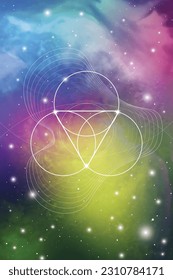 Sacred geometry poster with golden ratio numbers, interlocking circles, triangles and squares, flows of energy and particles in front of outer space background. The formula of nature. Flower of Life.