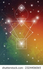 Sacred geometry poster with golden ratio numbers, interlocking circles, triangles and squares, flows of energy and particles in front of outer space background. The formula of nature.