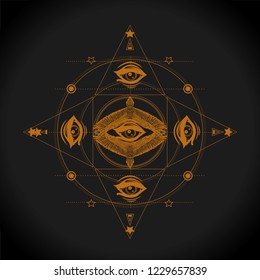 Sacred geometry for prin t shirt and tattoo art. Al seeing eyes and flying eagles.