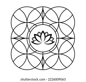 Sacred geometry of purity symbol. Lotus flower inside a mandala with geometric circles of life. Abstract mystical spiritual mystical sign for transcendental meditation