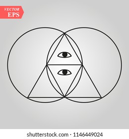 Sacred geometry pyramid with the eye,- vesca piscis -pointed oval figure used as an architectural feature and as an aureole enclosing figures such as Christ or the Virgin Mary in medieval art.