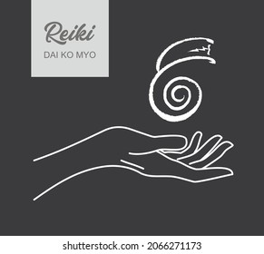 Sacred geometry. Reiki symbol. The word Reiki is made up of two Japanese words, Rei means 'Universal' - Ki means 'life force energy'. A hand holds Reiki DAI KO MIO sign on a black background.