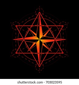 Sacred geometry, religion, esoteric. Isolated vector illustration of fiery colors on a black background.