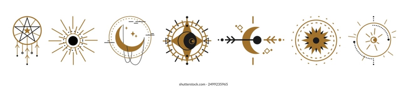 Geometría sagrada y símbolos religiosos y figuras de colección, signos místicos abstractos aislados. Protección, perspicacia y visión espiritual. Elementos ocultos y mágicos, conocimiento y comprensión divina