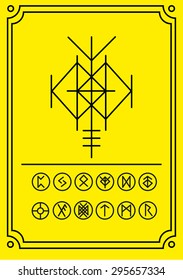 Sacred geometry. Runic magical stave. Odin's shield, alchemy, religion, spirituality, occultism, tattoo art. Black on yellow