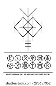 Sacred geometry. Runic magical stave. Odin's shield, alchemy, religion, spirituality, occultism, tattoo art. Black and white