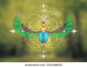 Sacred geometry, Scarab beetle on Flower of life, Mystical drawing of circles, triangles, moon, scheme of energy. Symbols of alchemy, magic, esoteric, occultism. Vector isolated on green nature 