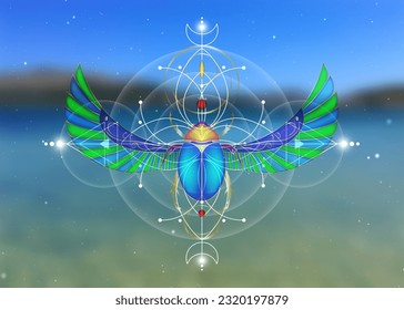 Sacred geometry, Scarab beetle on Flower of life, Mystical drawing of circles, triangles, moon, scheme of energy. Symbols of alchemy, magic, esoteric, occultism. Vector isolated on blue sea nature 