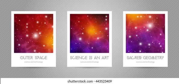 Sacred geometry scientific 4x5 postcards with copy space. Hipster geometry shapes with space texture. Vector design for music albums, posters, flyers, mobile applications or corporate identity. 