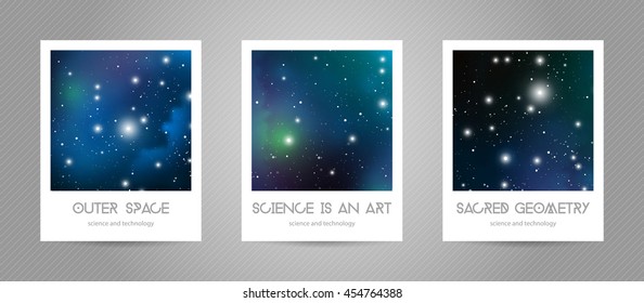Sacred geometry scientific 4x5 postcards with copy space. Hipster geometry shapes with space texture. Vector design for music albums, posters, flyers, mobile applications or corporate identity.