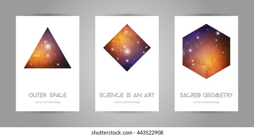 Sacred geometry scientific 4x6 postcards with copy space. Hipster geometry shapes with space texture. Vector design for music albums, posters, flyers, mobile applications or corporate identity. 