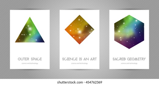 Sacred geometry scientific 4x6 postcards with copy space. Hipster geometry shapes with space texture.