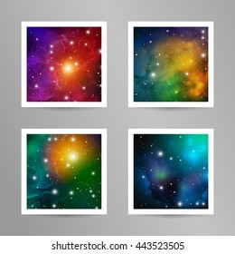 Sacred geometry scientific square postcards. Hipster geometry shapes with mystery space texture. Astrology vector design for music albums, posters, flyers, mobile applications or corporate identity. 