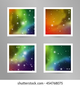 Sacred geometry scientific square postcards. Square templates with mystery space texture. Astrology vector design for music albums, posters, flyers, mobile applications or corporate identity.
