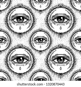 Sacred geometry seamless pattern with all seeing eye isolated on white. Mystic, alchemy, occult. Design for indie music album cover, t-shirt print, boho poster, flyer. Astrology, shamanism, religion
