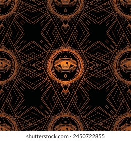 Sacred geometry seamless pattern with all seeing eye isolated on white. Mystic, alchemy, occult. Design for indie music album cover, t-shirt print, boho poster, flyer. Astrology, shamanism, religion.
