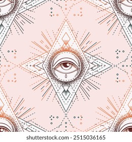 Sacred geometry seamless pattern with all seeing eye isolated on white. Mystic, alchemy, occult. Design for t-shirt print, boho poster, flyer.