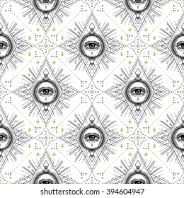 Sacred geometry seamless pattern with all seeing eye isolated on white. Mystic, alchemy, occult. Design for indie music album cover, t-shirt print, boho poster, flyer. Astrology, shamanism, religion.