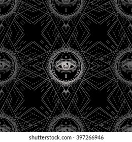 Sacred geometry seamless pattern with all seeing eye isolated on white. Mystic, alchemy, occult. Design for indie music album cover, t-shirt print, boho poster, flyer. Astrology, shamanism, religion.