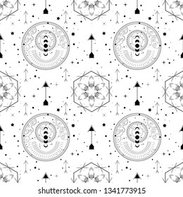 Sacred geometry seamless pattern. Astrology and astronomy vibes.Can be used for wallpapers, gift wrap, textile, duvets and linens