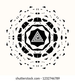 Sacred geometry. Secret symbol of geometry. Black ethnic totemic geometric tattoo. Triangular Nordic symbol. Labyrinth of illuminates. Dot element. Vector illustration.