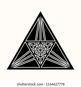 Sacred geometry. Secret symbol of geometry. Triangular symbol. Labyrinth of illuminates. Technology emblem. Black geometric tattoo. Vector illustration.