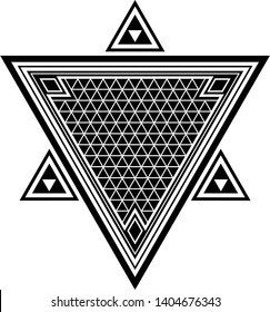 
Geometría sagrada. Geometría de símbolo secreto. Símbolo triangular. Laberinto de iluminados. Alquimia, religión, filosofía, astrología, espiritualidad. Pirámides egipcias. Tatuaje geométrico étnico témico negro.