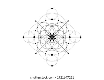 Geometría sagrada, símbolo de semilla de vida punteada. Icono del logotipo Mandala mística geométrica de la flor esotérica de la vida de alquimia. Tatuaje de la línea negra vectorial amuleto meditativo divino aislado en fondo blanco