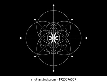 Geometría sagrada, símbolo de semilla de vida. Icono de logotipo místico geométrico mandala, flor esotérica de vida alquimista. Tatuaje de la línea blanca vectorial amuleto meditativo divino aislado en fondo negro