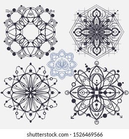 Sacred Geometry. Set of 5 different shapes with physicals molecular structure.