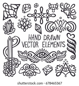 Sacred Geometry Set. Alchemy, Religion, Philosophy, Spirituality, Hipster Monochrome Signs, Symbols And Elements Such As Crystals, Sword, Snake, Roses, Sheep Head, Cat Icon
