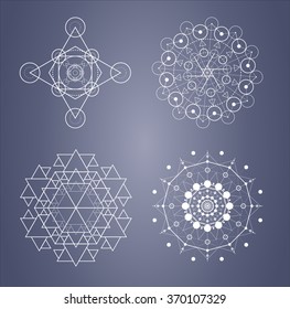 Sacred geometry set of complicated symbols in vector. Triangle and circle fractals. Numbers of Fibonacci. Alchemy. The golden section