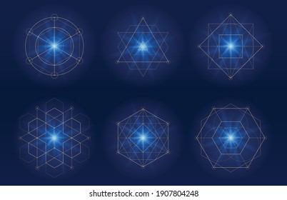Sacred Geometry Set. Editable Stroke, Vector. Glowing Symbols. Infographic Shapes. Esoteric Spiritual Geometry.