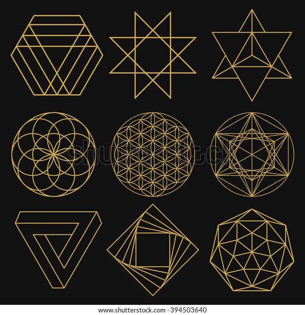 Sacred Geometry. Set of figures with sacred symbols\
and elements. Vector illustration. Mystical and esoteric forms:\
Flower of Life, Merkaba, Penrose triangle, pentagram, octagram.\
Spiritual logo.