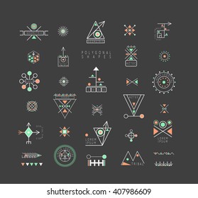 Sacred geometry. Set of minimal geometric shapes. Business signs, labels, trendy hipster linear icons and logotypes. Religion, philosophy, spirituality, occultism symbols collection
