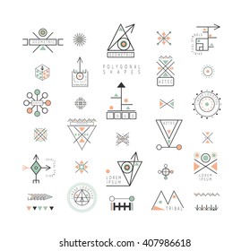 Sacred geometry. Set of minimal geometric shapes. Business signs, labels, trendy hipster linear icons and logotypes. Religion, philosophy, spirituality, occultism symbols collection