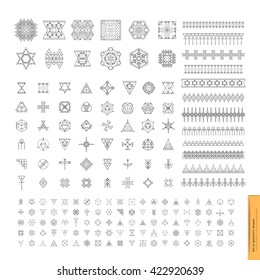 Sacred geometry. Set of minimal geometric shapes. Business signs, labels, trendy hipster linear icons and logotypes. Religion, philosophy, spirituality, occultism symbols collection
